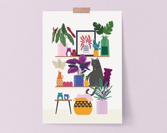 A3 Plants & Cat Shelfie Print - Cat art print, cat lovers, art gift, cat wall art, home decor, birthday gift, interior design print, foral