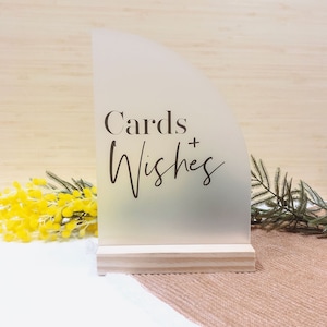 Signe de livre d'or de mariage | Cards + Wishes Sign avec base en bois | Signe de livre d'or acrylique | Signe de livre d'or d'événement | Arche | Naviguer