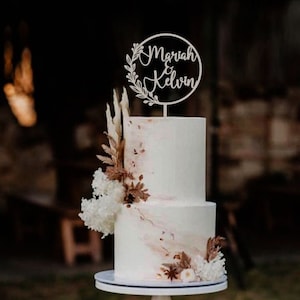 Custom Names Cake Topper, wedding cake topper, couple cake topper, Engagement cake topper, Wooden Rustic Cake Topper, Floral Cake Topper