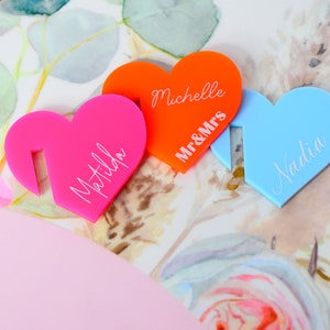 HEART Shape Coloured Acrylic Drink Tags • Your own Custom Text • Party • Wedding • Hens • Bridal Shower • Personalised Gift