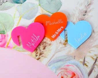 HEART Shape Coloured Acrylic Drink Tags • Your own Custom Text • Party • Wedding • Hens • Bridal Shower • Personalised Gift