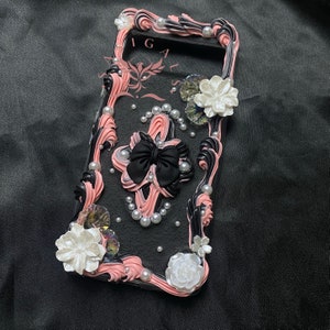 Black Pink Bow Pearl  Decoden Phone Case