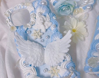 White And Blue Angel Wing Baroque Decoden Phone Case For All Brand