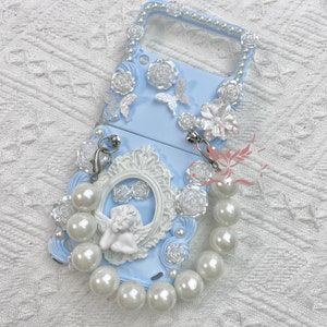 Étui Samsung Galaxy Z Flip 3/4/5/6, étui Decoden pour Samsung S21/22 fleur bleue avec chaîne, étui Samsung Galaxy S10E fait main