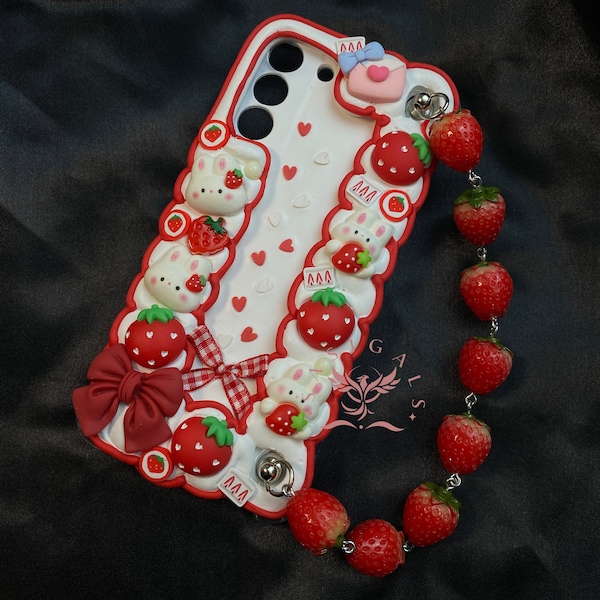 Funda para teléfono Decoden con conejito de fresa adorable, caja sorpresa y cadena de fresa para todas las marcas.