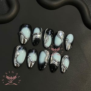 Pastell Blau Silber Punk Presse auf den Nägeln