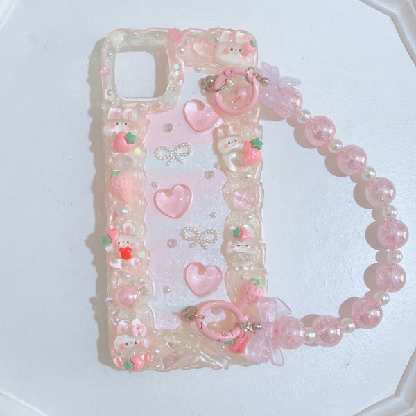 Coque de portable Decoden avec lapin rose et blanc kawaii avec chaîne