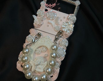 Roze barok Z Flip 5 6 7 Decoden-telefoonhoesje met ketting