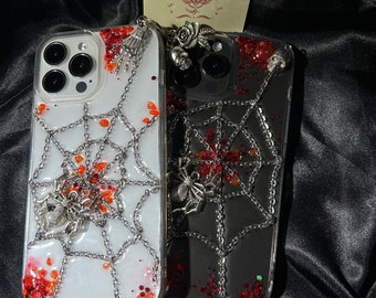 Red and Silver Crystal Spiderweb Resin Phone Case