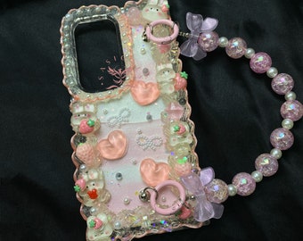 Kawaii Pink and White Bunny Decoden Phone Case With Chain