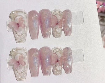Clear Light Pink Glitter Butterfly Press on Nails/pink Glitter - Etsy