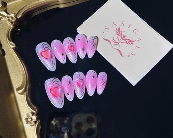 Spice Girl Pink Silver Heart Press On Nails