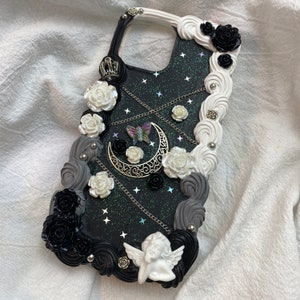 Black and White Silver Moon Decoden Phone Case