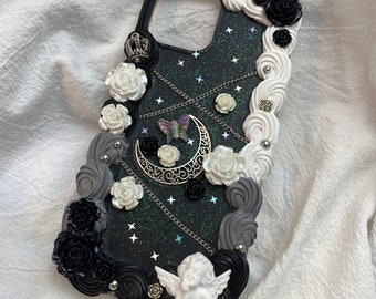 Black and White Silver Moon Decoden Phone Case