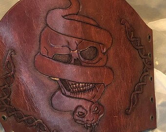 Hand tooled leather biker skull and snake cuff arm bracer cosplay Renaissance Fair