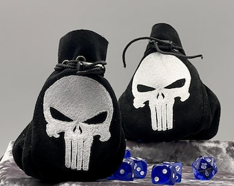 Punisher Dice Bag Authentic Handmade Leather Poke Cosplay Accessory, Jewelry or Renaissance Pouch Gamer DND Sack Party Favor Holder Purse