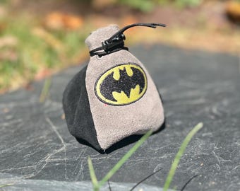 Batman Dice Bag Authentic Handmade Leather Poke Cosplay Accessory, Jewelry or Renaissance Pouch Gamer DND Sack Party Favor Holder Purse