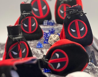 DeadPool Dice Bag Authentic Handmade Leather Poke Cosplay Accessory, Jewelry or Renaissance Pouch Gamer DND Sack Party Favor Holder Purse