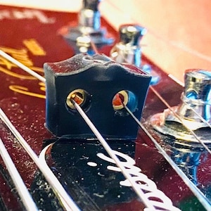 May include: Close-up of a black guitar string retainer with two holes for strings. The retainer is attached to the headstock of a guitar.
