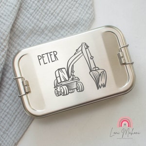 Personalisierte Lunchbox / Brotdose aus Edelstahl, verziert mit deinem Wunschnamen und Motiv Bagger 2, Baustellenliebhaber und Baggerfahrer
