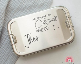 Personalisierte Lunchbox / Brotdose aus Edelstahl, verziert mit deinem Wunschnamen und dem Motiv Hubschrauber