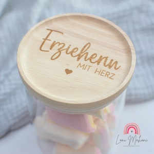 Storage jar with wooden lid, can be personalised, as a gift or thank you for educators, teachers, midwives, childminders