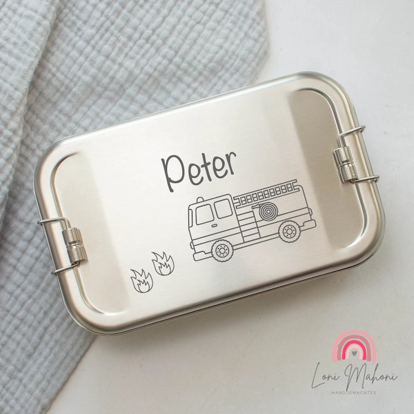 Personalisierte Lunchbox / Brotdose aus Edelstahl, verziert mit deinem Wunschnamen und dem Motiv Feuerwehrauto