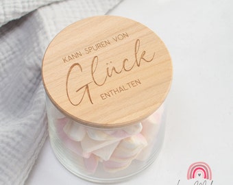 Personalisierbares Vorratsglas mit Holzdeckel "Kann Spuren von Glück enthalten", zwei Größen zur Wahl