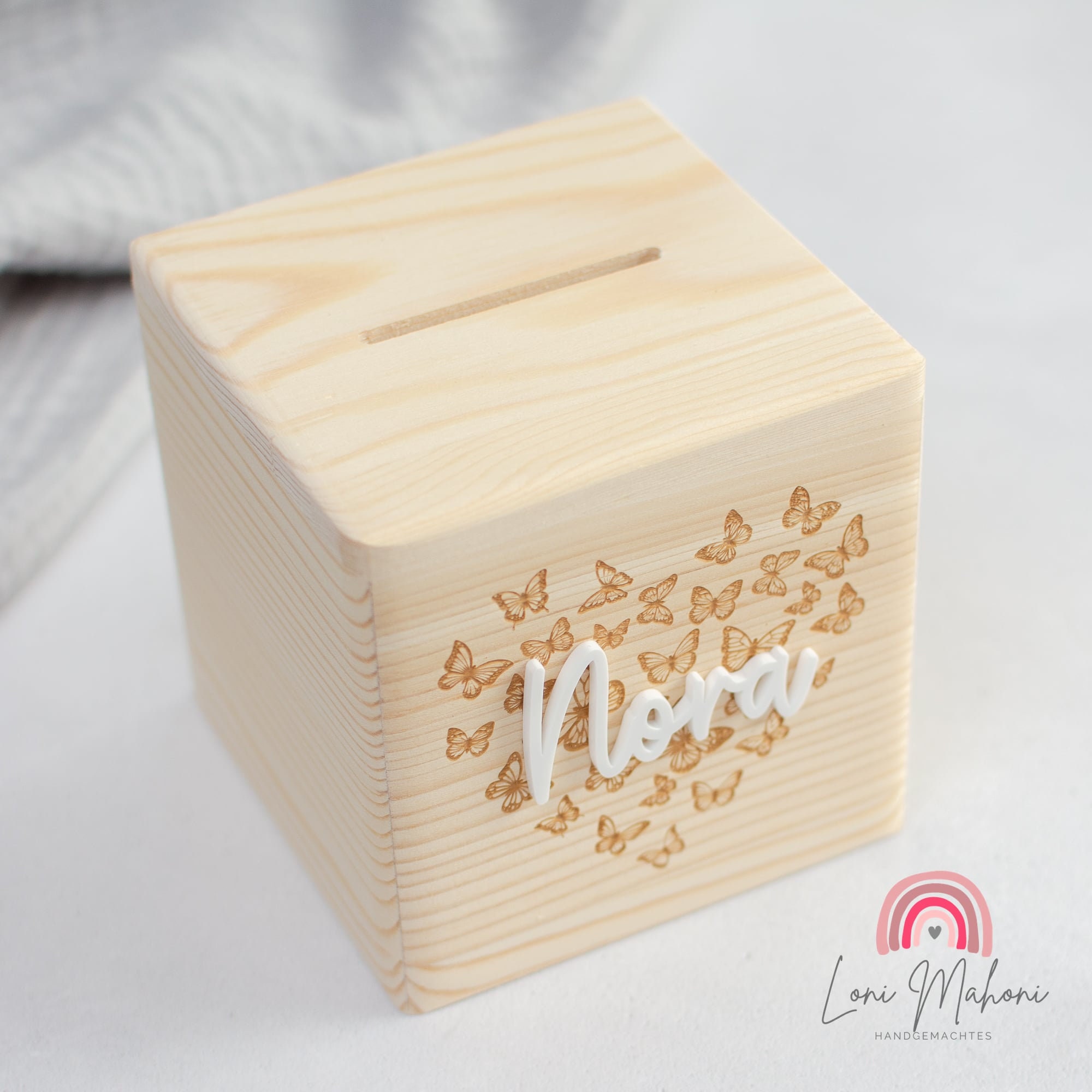 Wooden money box, personalized with laser engraving and acrylic letter, butterfly heart motif as a gift for children