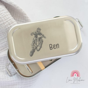 Personalisierte Lunchbox / Brotdose aus Edelstahl, verziert mit deinem Wunschnamen und Motiv Motorcross / Motocross