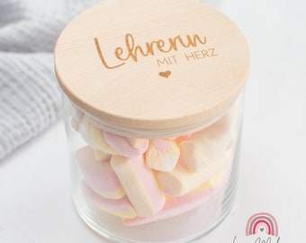 Storage jar with wooden lid, customizable, as a gift or thank you for educators, teachers, midwives, or childminders