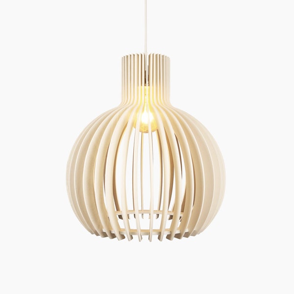 MONDO White Scandinavian Wooden Pendant Light, Handmade Mid Century Modern Chandelier Lamp Shade for Ceiling Lamp, Minimalist Light Decor