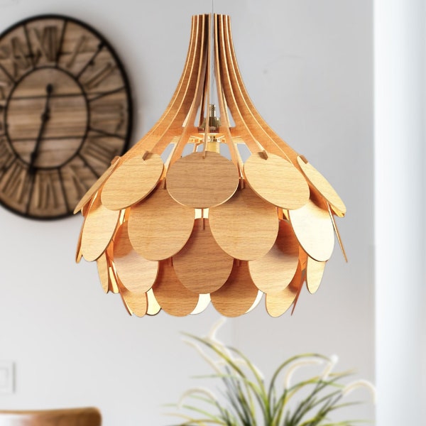 PILEA Mid-modern Wood Pendant Lightning, Wood Lamp, Wooden Lamp Shade, Decorative Lamp, Hanging Lamp, Christmas Gifts, E27 Base, RLS118