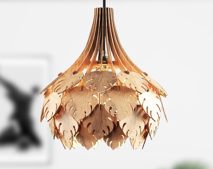 MONSTERA Mid-modern Wood Pendant Lightning, Wood Lamp, Wooden Lamp Shade, Decorative Lamp, Hanging Lamp, Christmas Gifts, E27 Base, RLS117