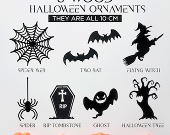 Houten Halloween-ornamenten Set van 8 Spookachtige decoraties met ophangkoord