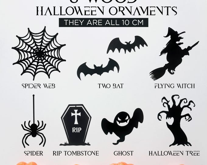Wooden Halloween Ornaments Set of 8 Spooky Decorations with Hanging Cord