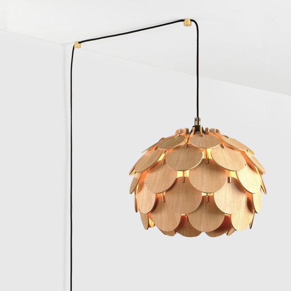 Noor Mid-Modern Century Plug-In Wood Pendant Light, 17 Ft (5m) Cord Length, Wooden Light Shade, Plug-In Wood Light, Plug-in Pendant Light