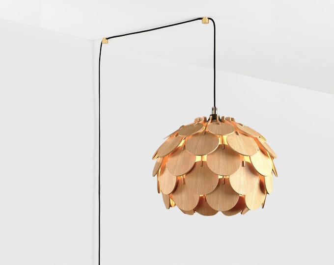 Noor Mid-Modern Century Plug-In Wood Pendant Light, 17 Ft (5m) Cord Length, Wooden Light Shade, Plug-In Wood Light, Plug-in Pendant Light