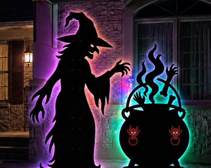Life Size Witch Silhouette & Cauldron, Large Halloween Yard Decor with LED Lights, Wooden Flat Pack Spooky Prop, Big Halloween Decoration