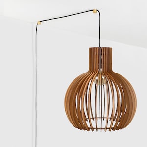 Scandinavian Plug-In Wood Pendant Light MONDO, 17 Ft (5m) Cord Length Wooden Light Shade, Plug-In Wood Light, Plug-in Pendant Light