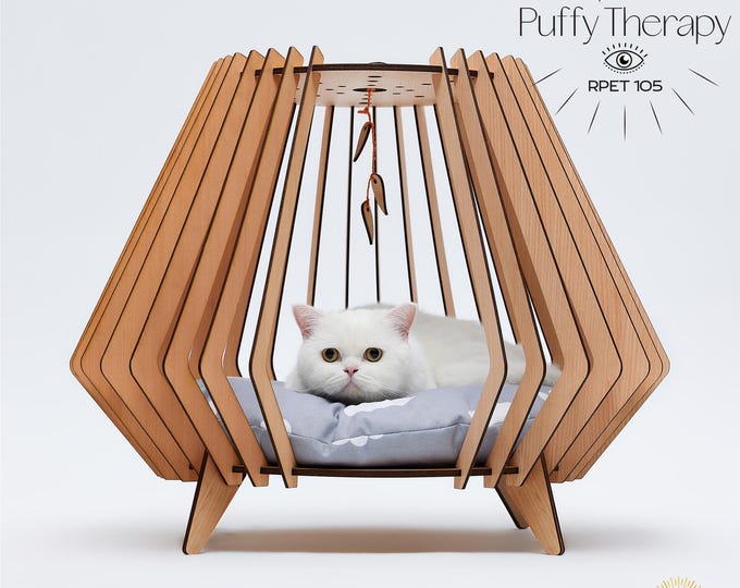 Diamond Wooden Cat Dog House with Washable Cushion, Modern Indoor Pet Bed Furniture, Custom Name Option, RPET104 Puffy Therapy Design
