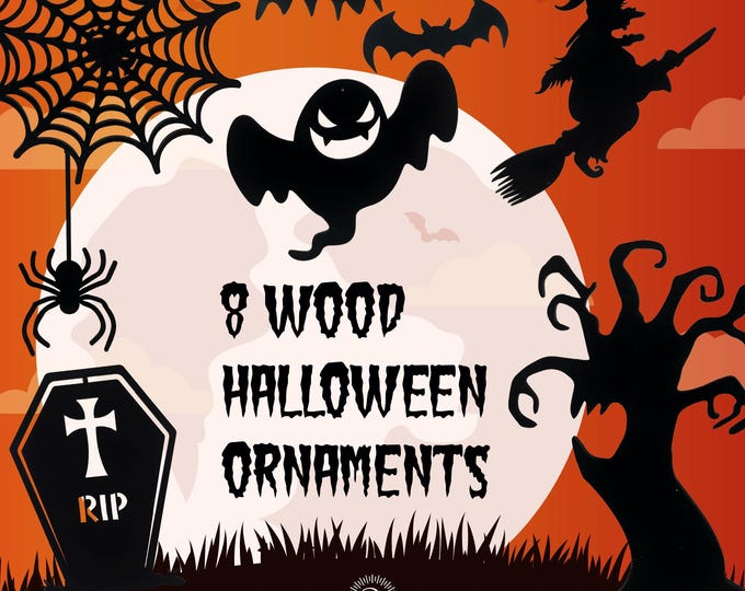 Wooden Halloween Ornaments Set of 8 Spooky Decorations with Hanging Cord