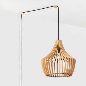 Mid-Modern Century Plug-In Wood Pendant Light KRINOLIN, 17 Ft (5m) Cord Length Wooden Light Shade, Plug-In Wood Light, Plug-in Pendant Light