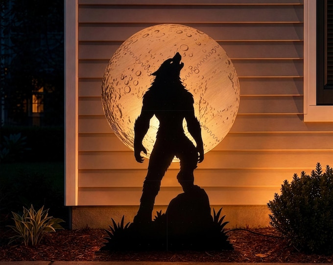 Giant Life Size Howling Werewolf & Full Moon Halloween Decor, Light Up Wooden Silhouette, Flat Pack Lawn Yard Art, LED Halloween Sign