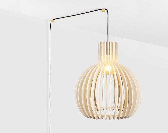 White Painted Mondo Plug-In Wood Pendant Light, 17 Ft (5m) Cord Length White Wooden Light Shade, White Plug-In Light, Plug-in Pendant Light
