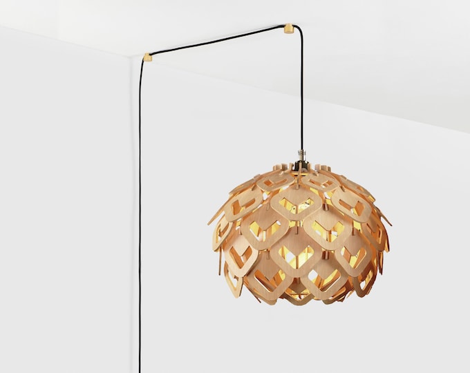 Avira Mid-Modern Century Plug In Wood Pendant Light, 17 Ft (5m) Cord Length, Wooden Light Shade, plug in wall sconce, plug in pendant light