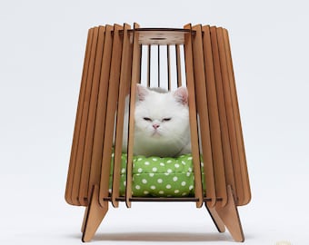 Modern Architectural Wooden Cat House, Personalized Cushion - Unique Geometric Pet Bed with Toy