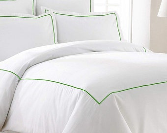 7 Piece Bedding Set 400 Thread Count White Cotton Sateen Hotel Stitch Duvet Cover in Single Embroidery Border