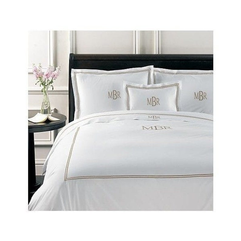 Personalization Monogram 400 Thread Count Cotton Sateen Duvet Cover Hotel Stitch 3 Piece Double Embroidery image 4