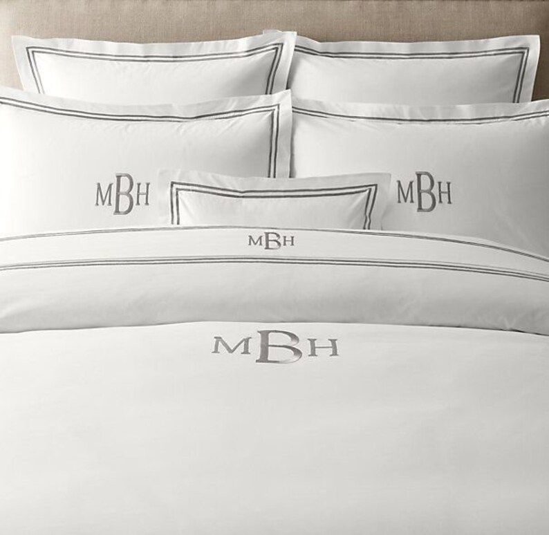 Personalization Monogram 400 Thread Count Cotton Sateen Duvet Cover Hotel Stitch 3 Piece Double Embroidery image 2